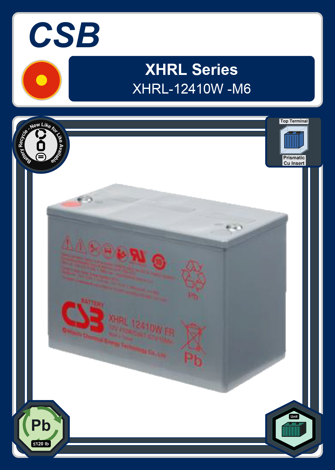 Battery Recycle CSB XHRL Series XHRL 12410W M6