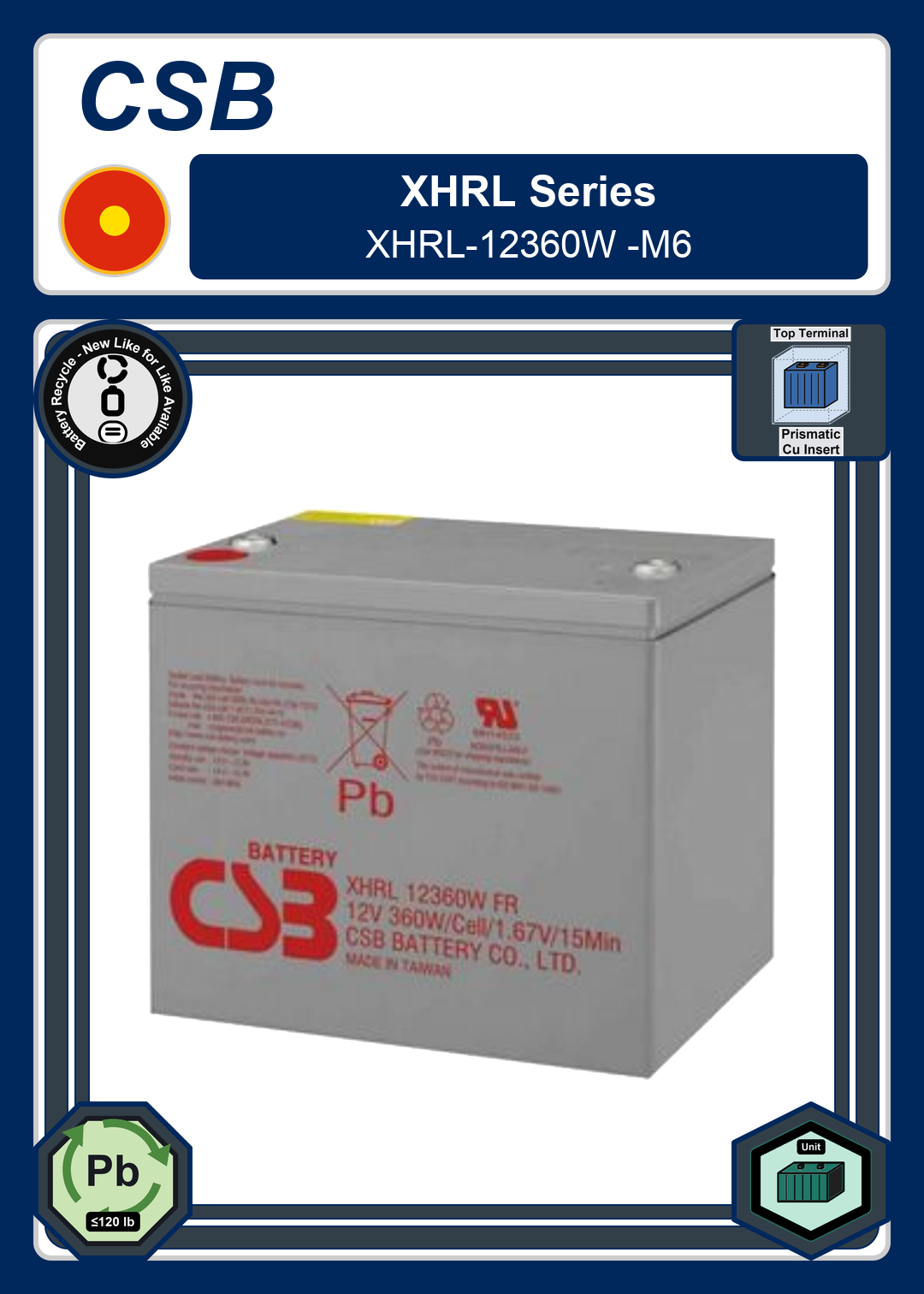 Battery Recycle CSB XHRL Series XHRL 12360W M6