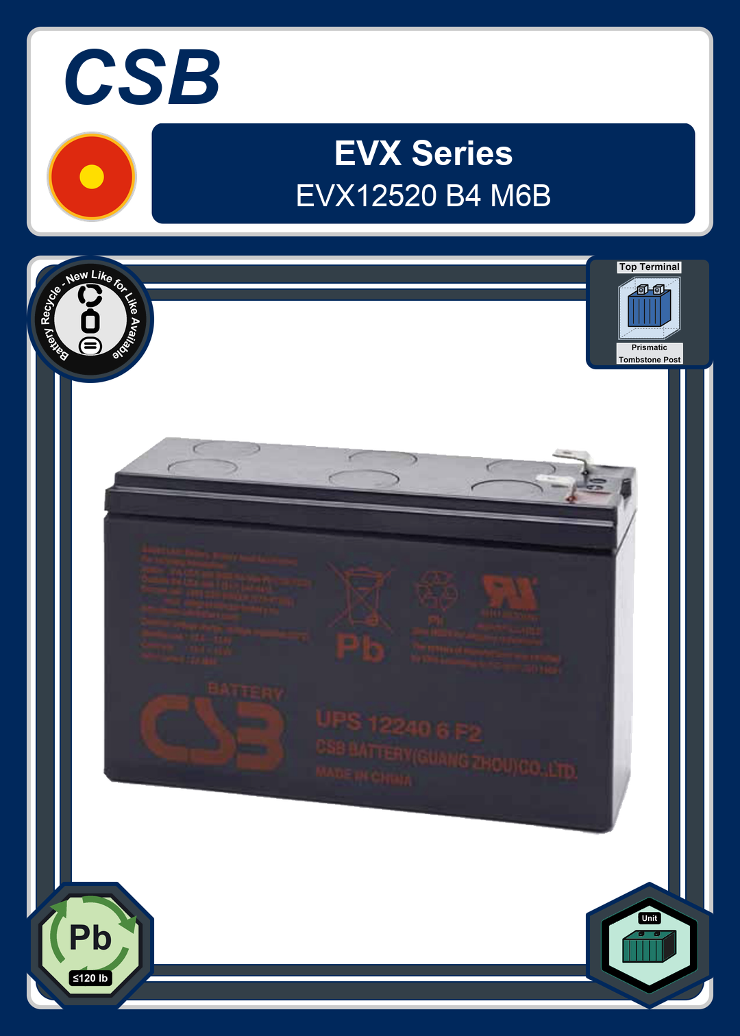 Battery Recycle CSB EVX Series EVX12520 B4 M6B