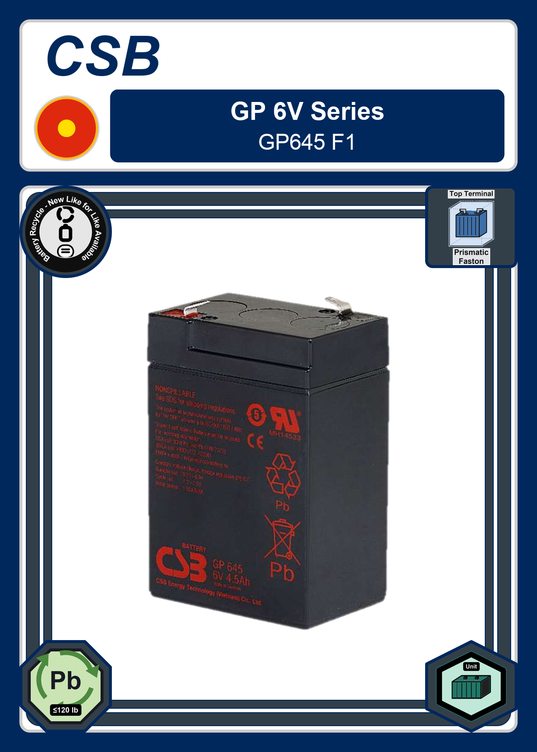 Battery Recycle CSB GP 6V Series GP645 F1