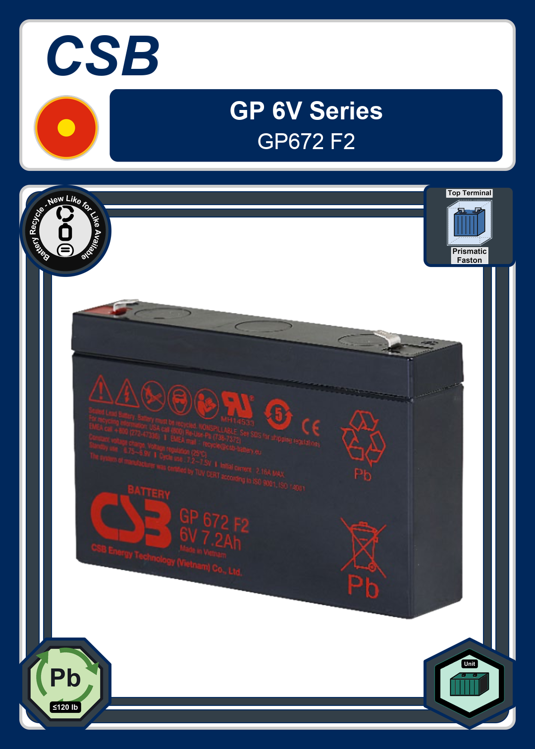 Battery Recycle CSB GP 6V Series GP672 F2