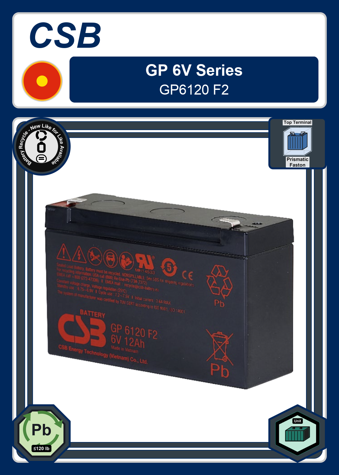 Battery Recycle CSB GP 6V Series GP6120 F2