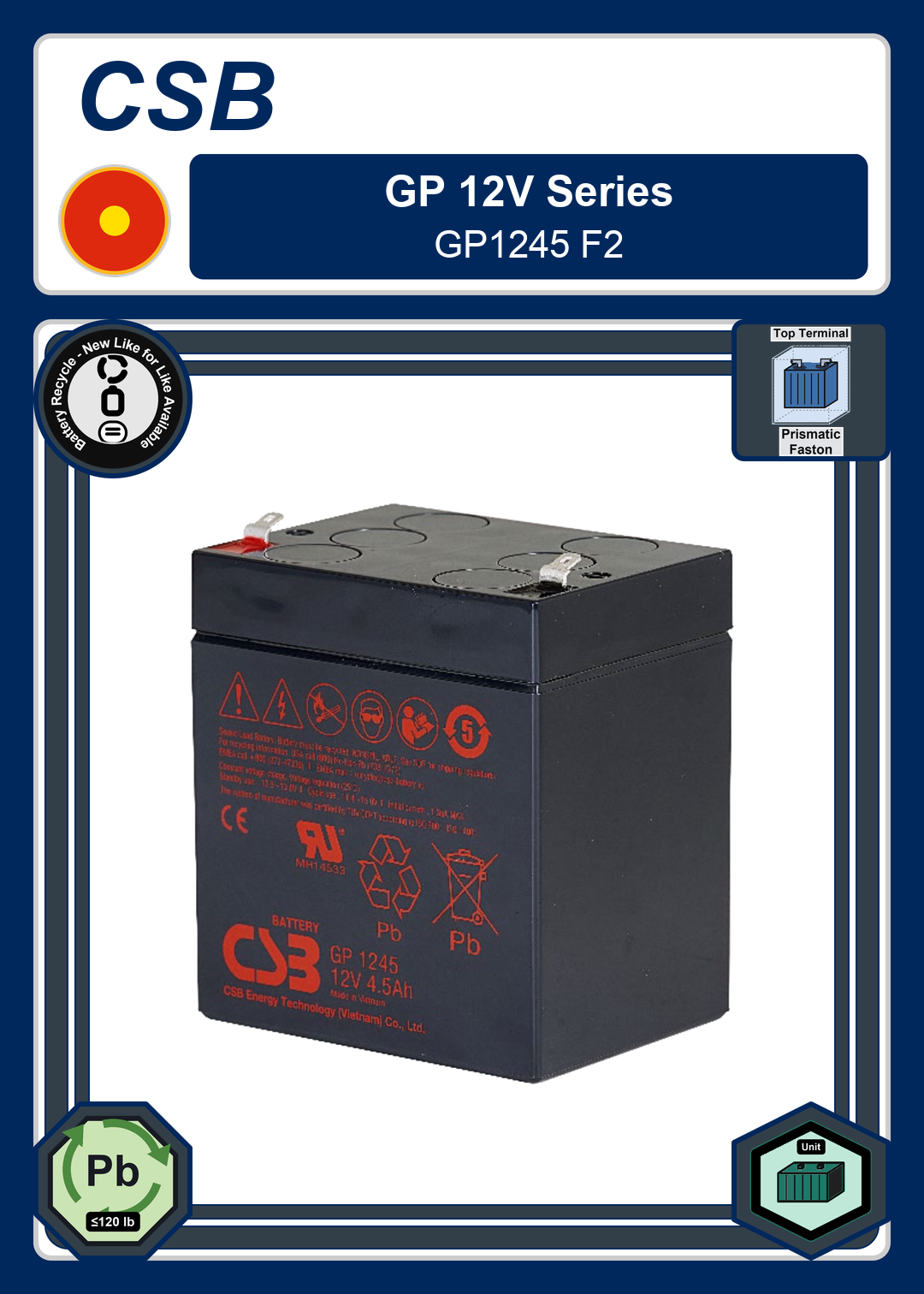 Battery Recycle CSB GP 12V Series GP1245 F2
