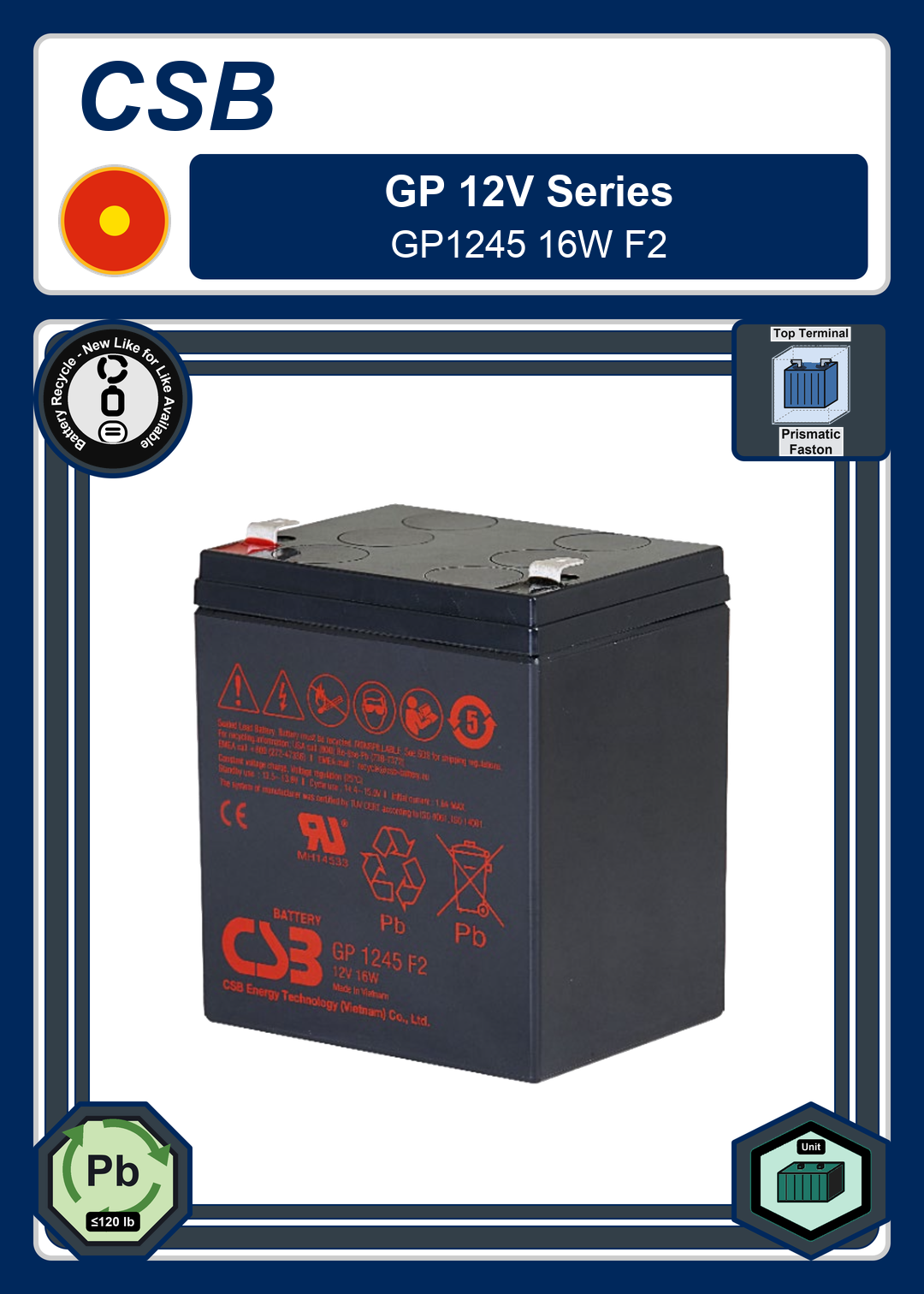 Battery Recycle CSB GP 12V Series GP1245 16W F2