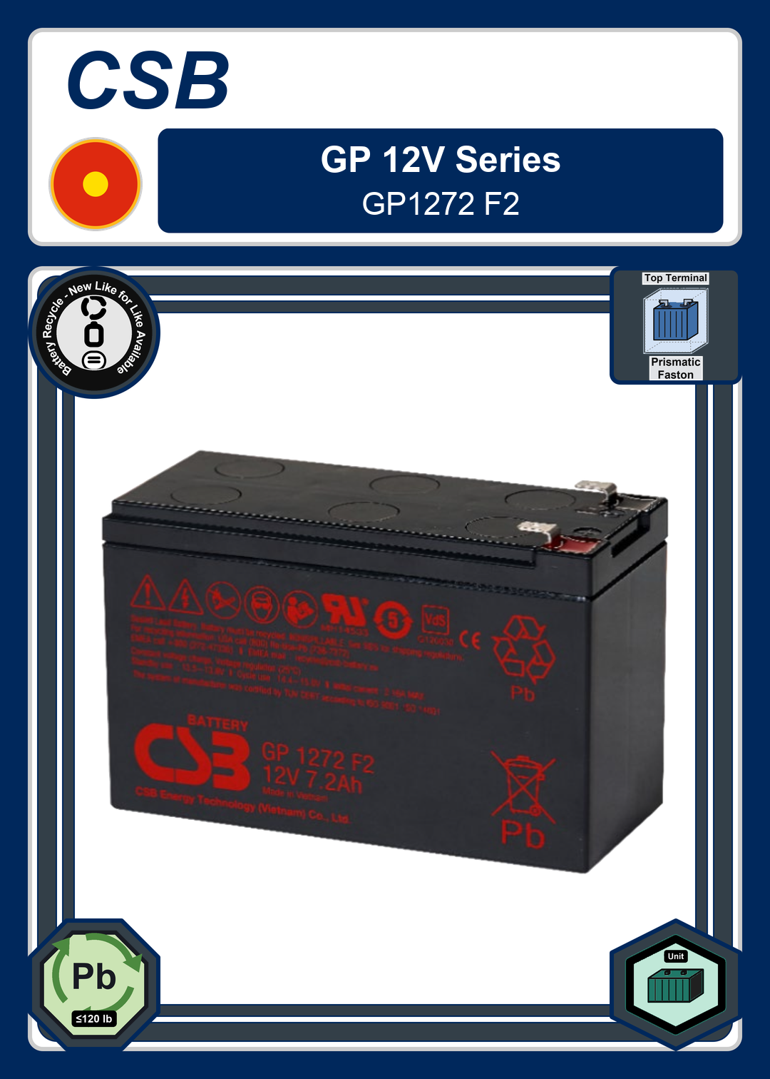 Battery Recycle CSB GP 12V Series GP1272 F2