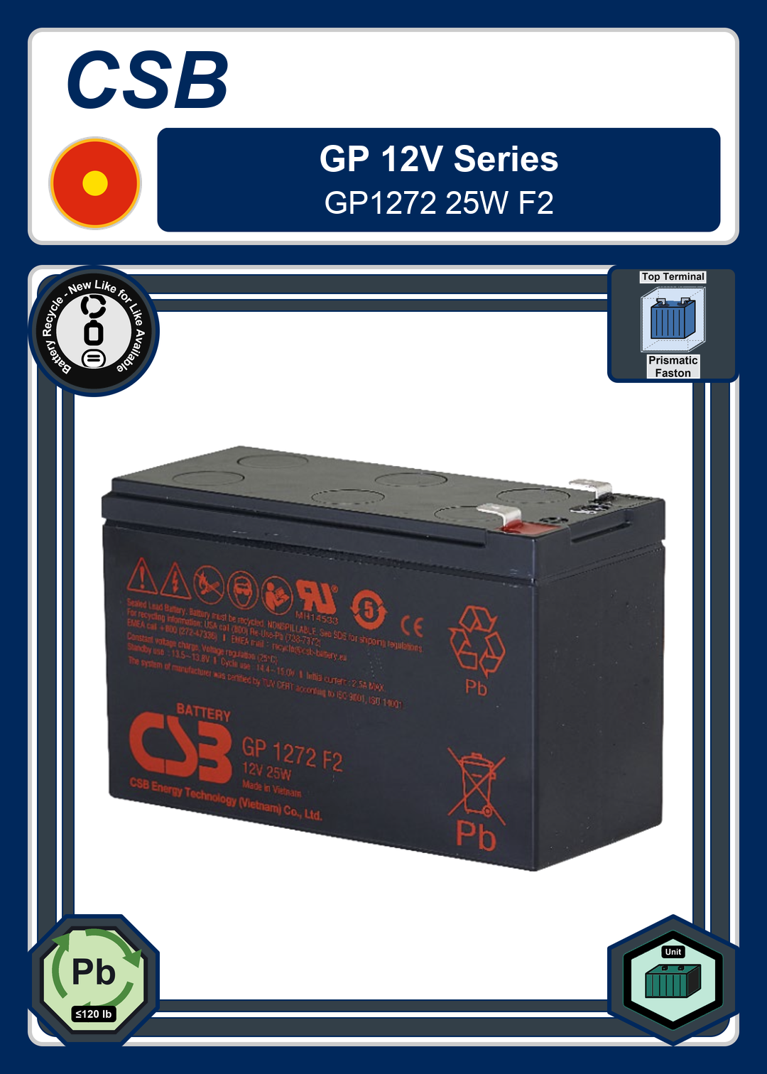 Battery Recycle CSB GP 12V Series GP1272 25W F2