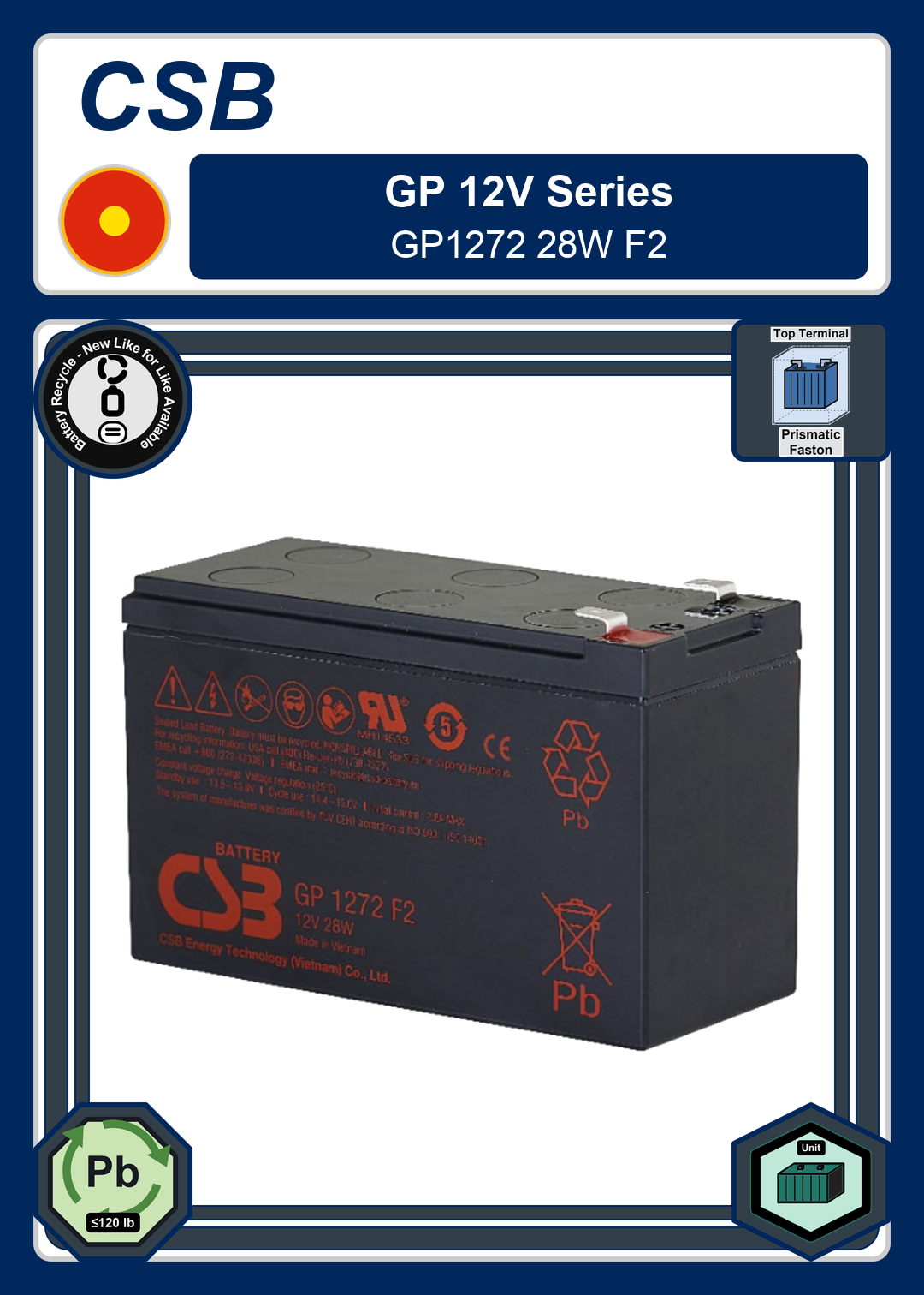 Battery Recycle CSB GP 12V Series GP1272 28W F2