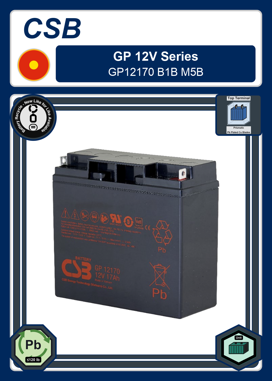 Battery Recycle CSB GP 12V Series GP12170 B1B M5B