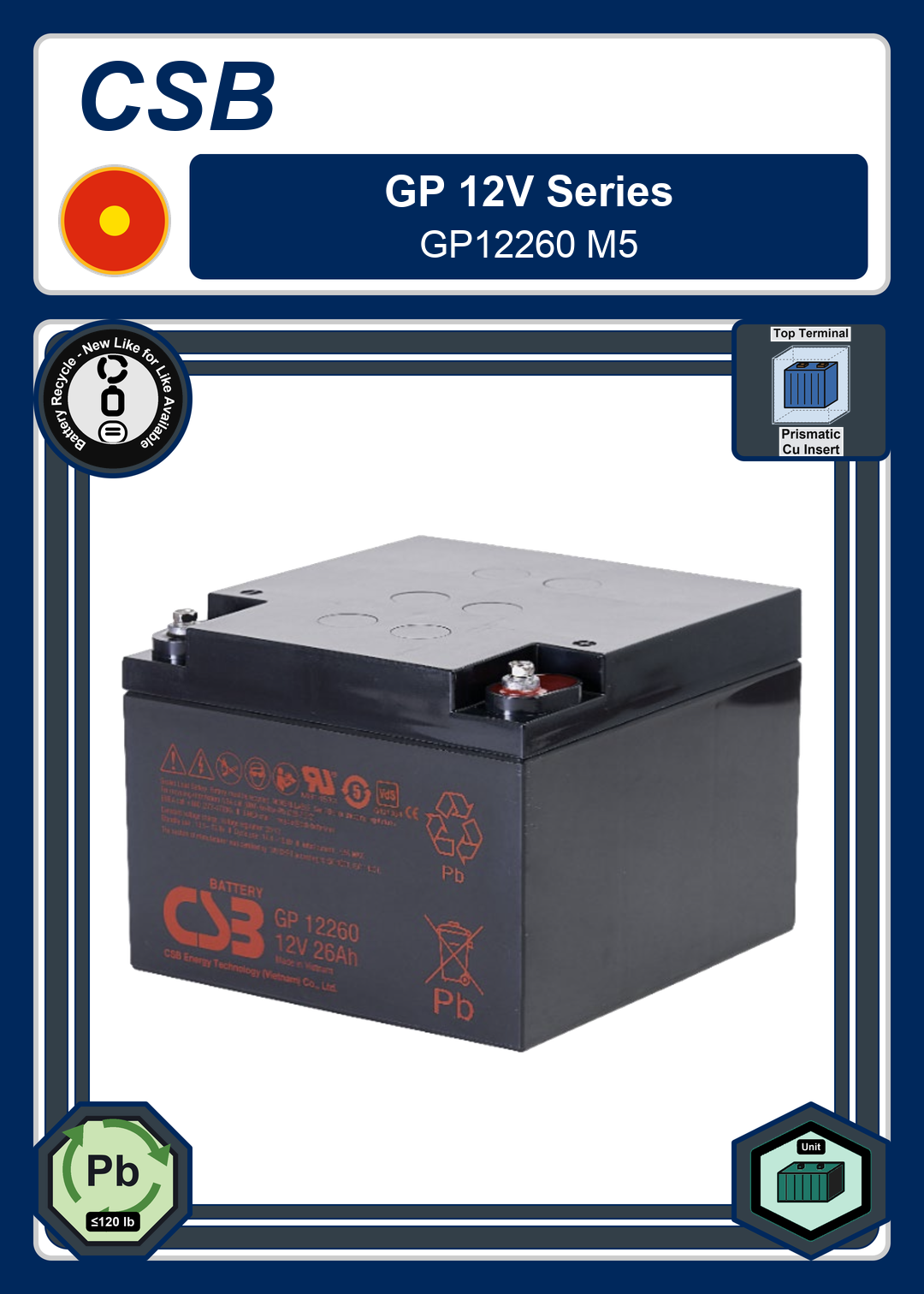 Battery Recycle CSB GP 12V Series GP12260 M5