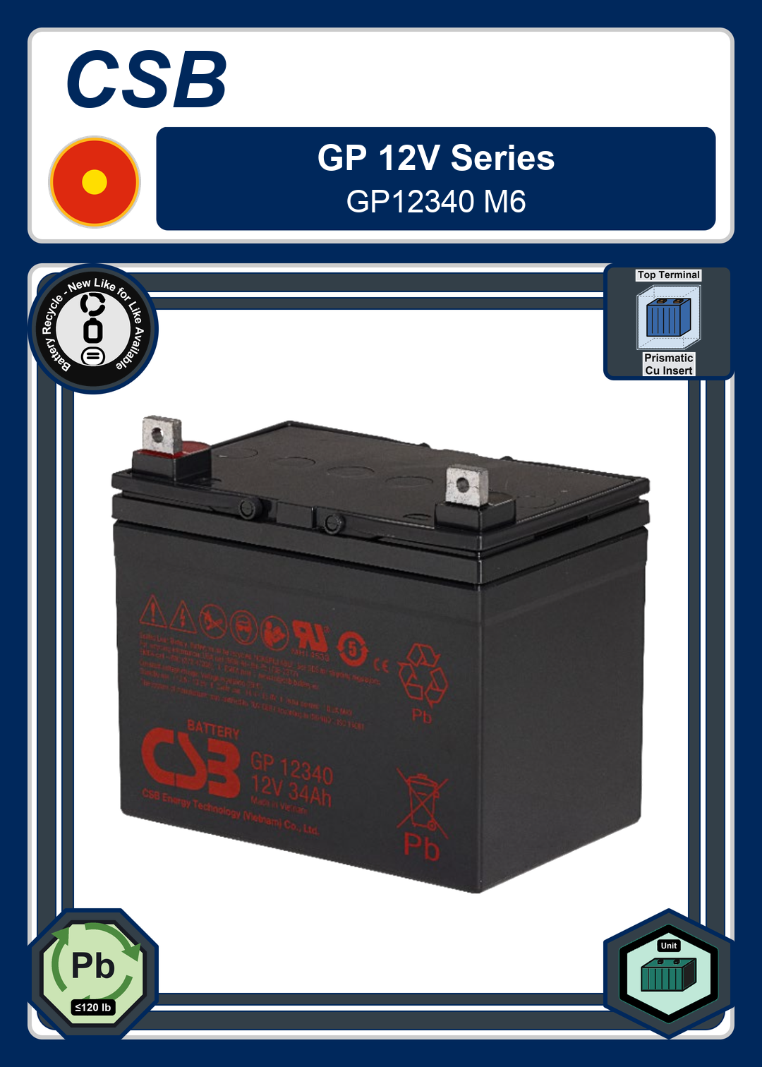 Battery Recycle CSB GP 12V Series GP12340 M6
