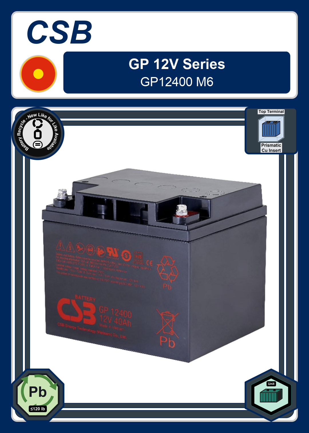 Battery Recycle CSB GP 12V Series GP12400 M6