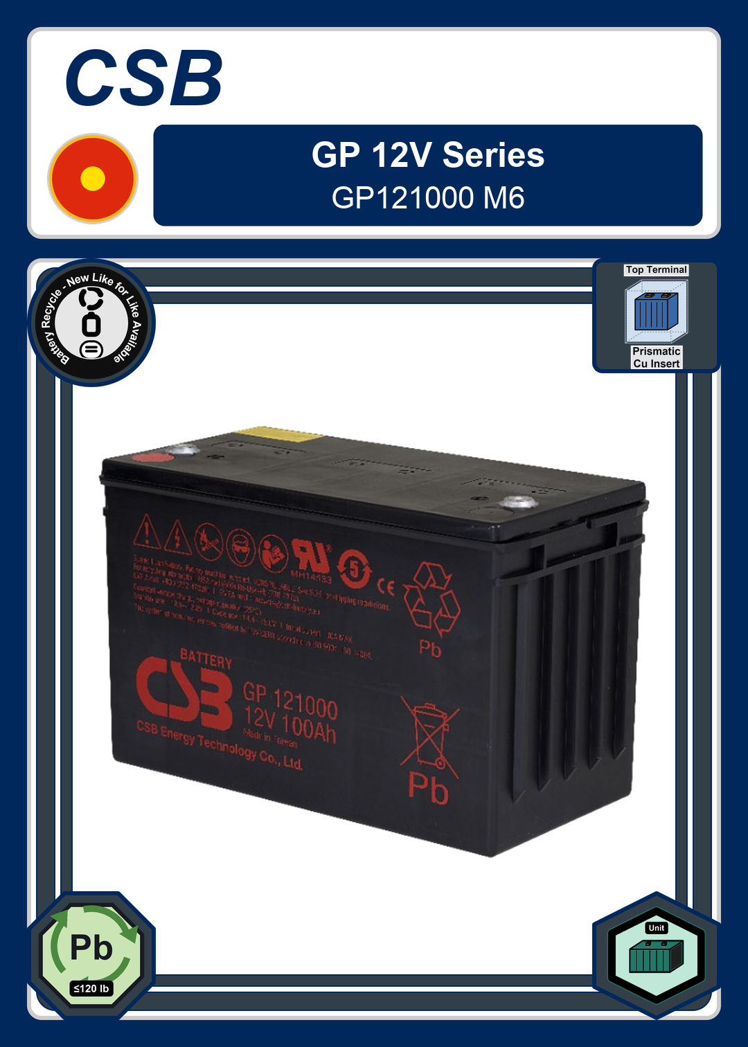 Battery Recycle CSB GP 12V Series GP121000 M6