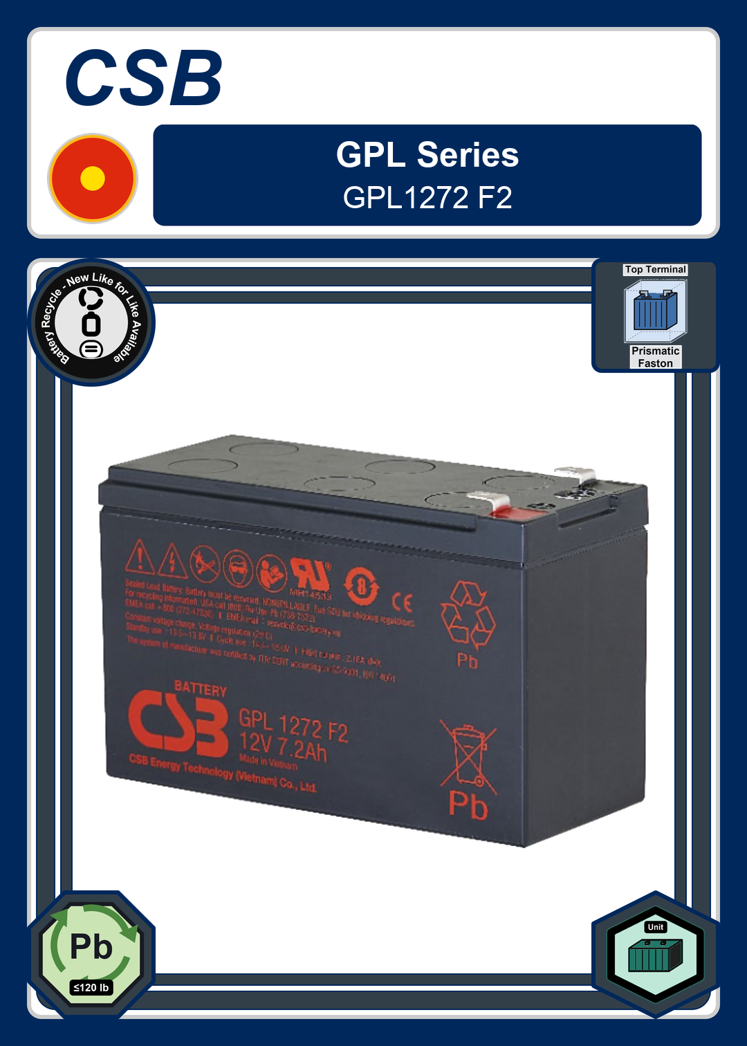 Battery Recycle CSB GPL Series GPL1272 F2