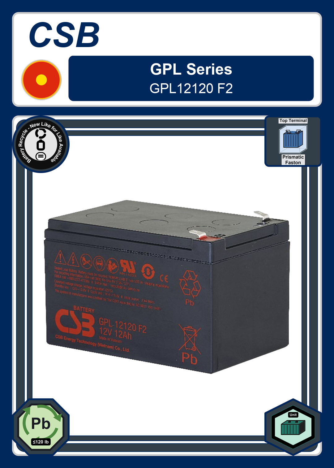 Battery Recycle CSB GPL Series GPL12120 F2