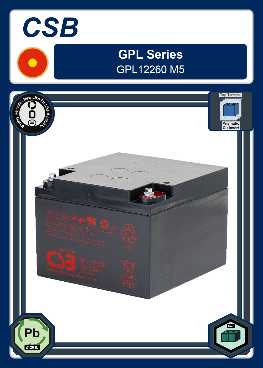 Battery Recycle CSB GPL Series GPL12260 M5