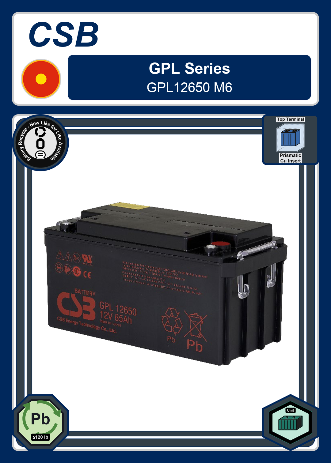 Battery Recycle CSB GPL Series GPL12650 M6