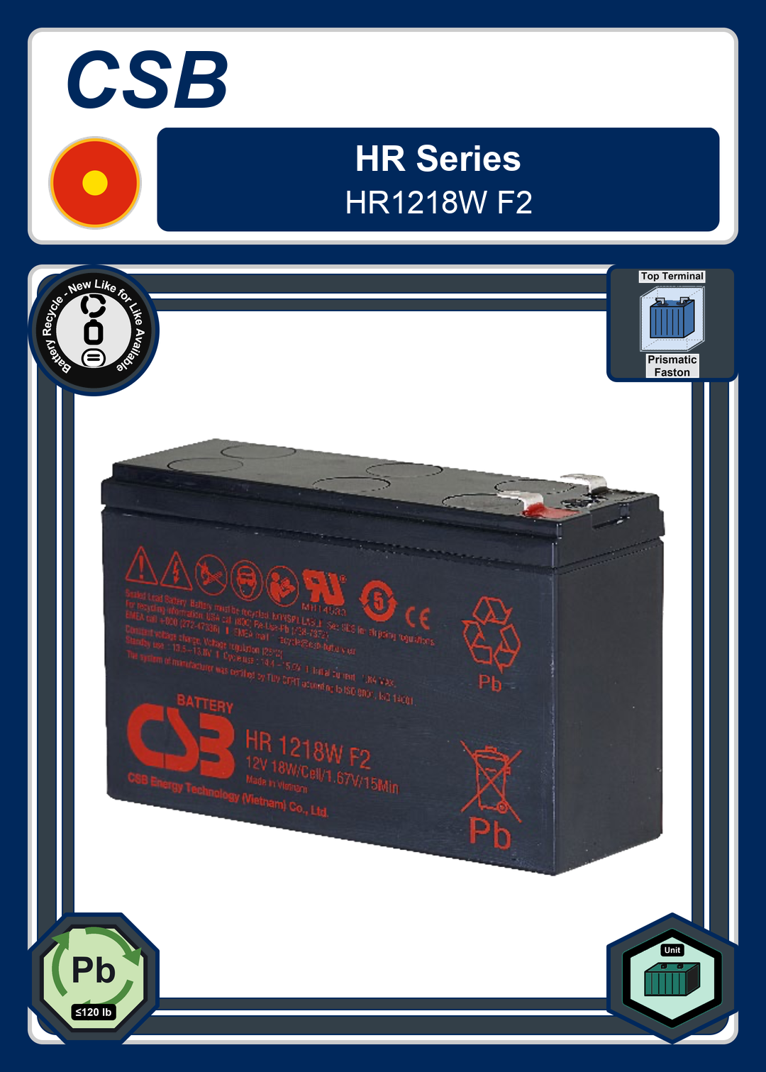 Battery Recycle CSB HR Series HR1218W F2