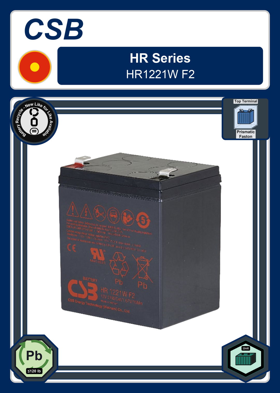 Battery Recycle CSB HR Series HR1221W F2