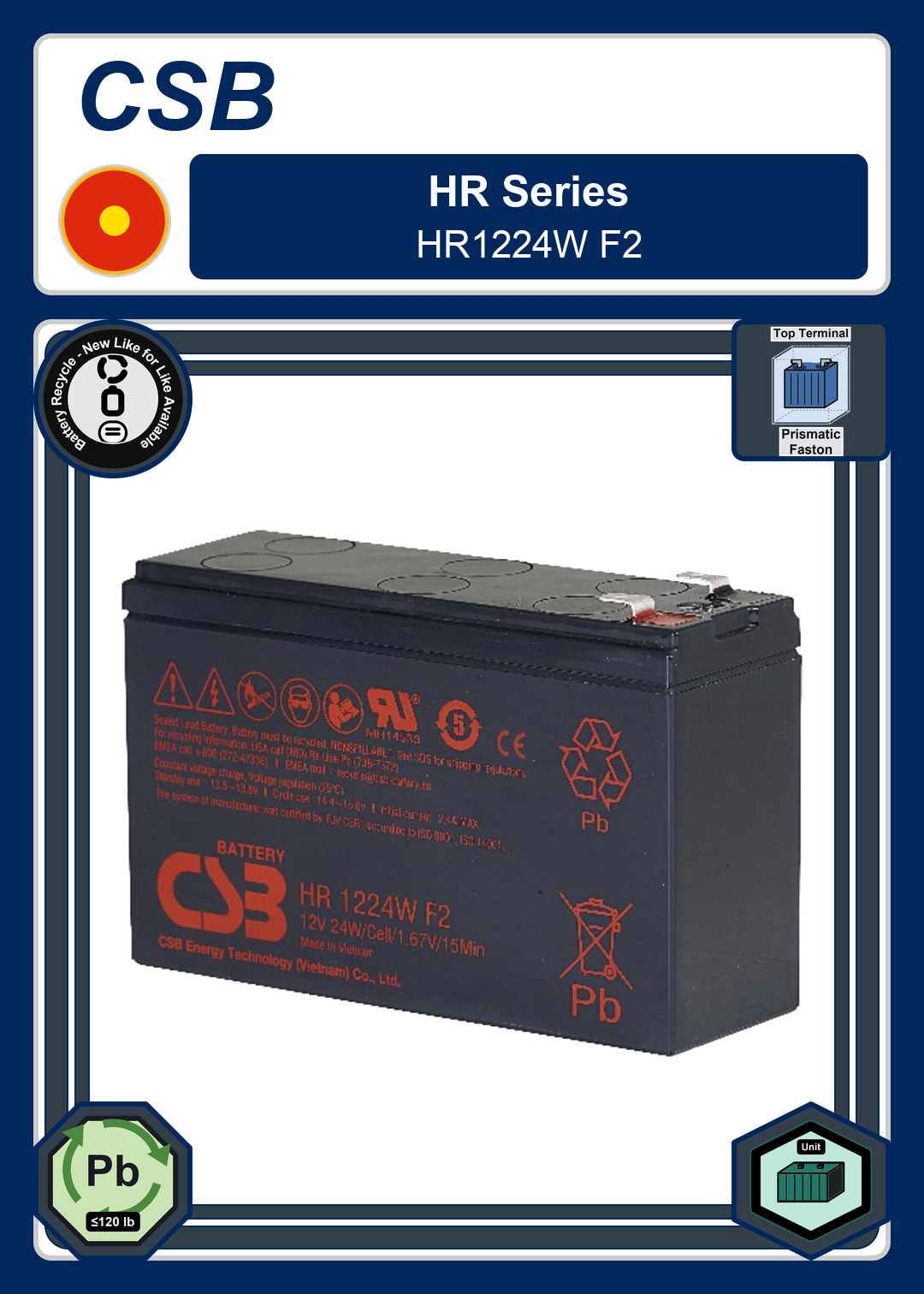 Battery Recycle CSB HR Series HR1224W F2