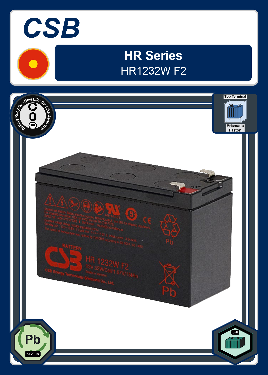 Battery Recycle CSB HR Series HR1232W F2