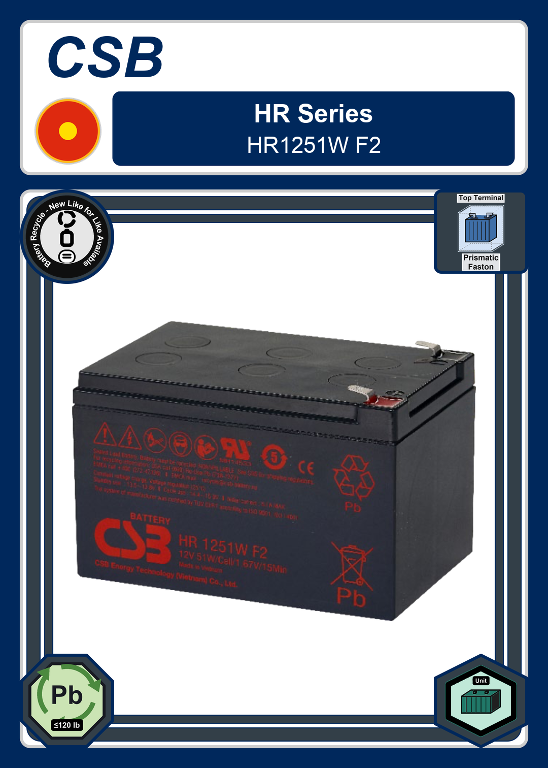 Battery Recycle CSB HR Series HR1251W F2