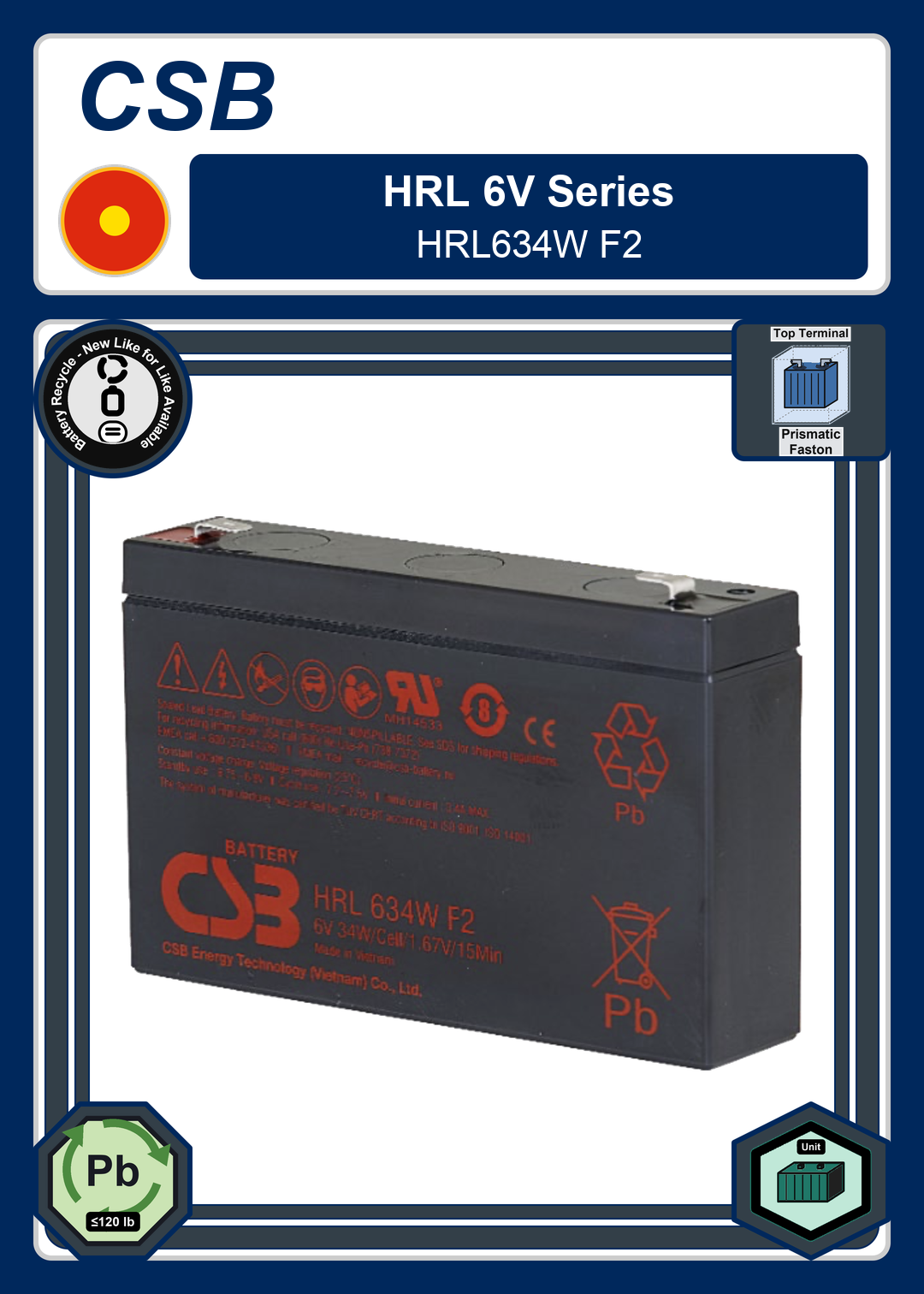 Battery Recycle CSB HRL 6V Series HRL634W F2