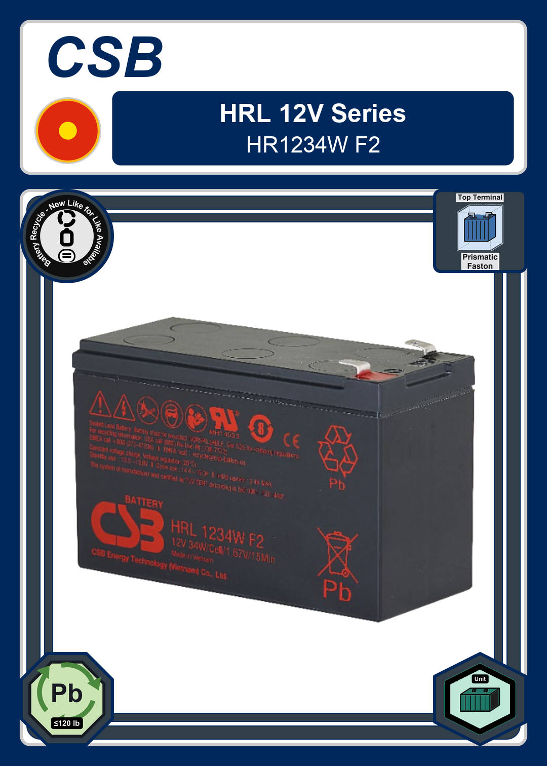 Battery Recycle CSB HRL 12V Series HR1234W F2