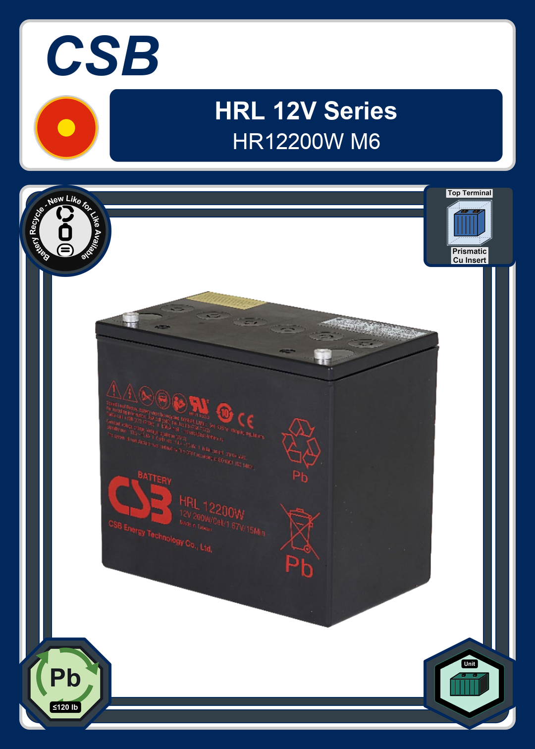 Battery Recycle CSB HRL 12V Series HR12200W M6