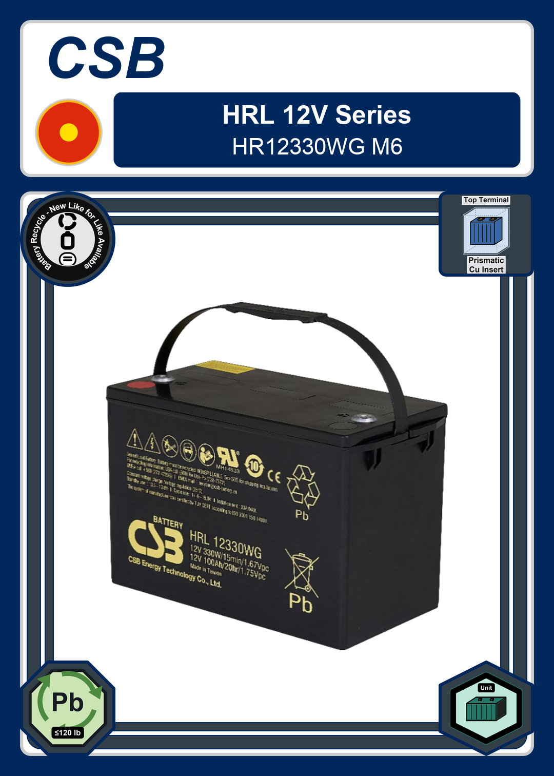 Battery Recycle CSB HRL 12V Series HR12330WG M6