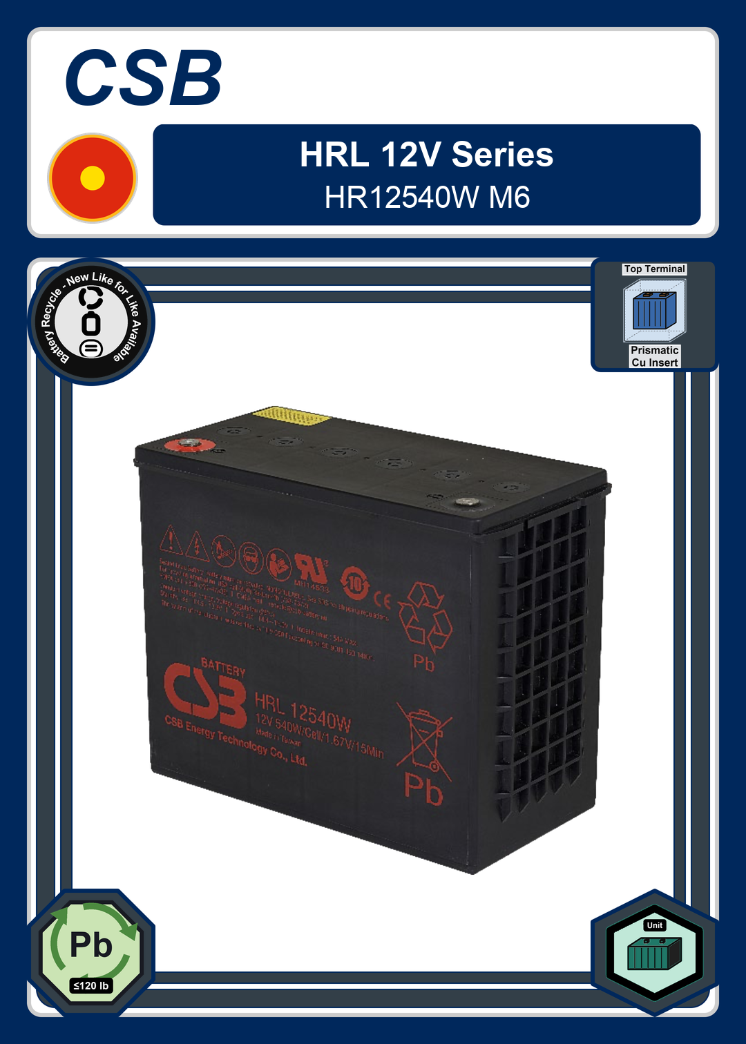 Battery Recycle CSB HRL 12V Series HR12540W M6