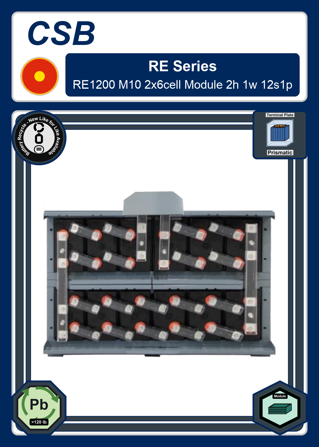 Battery Recycle CSB RE Series RE1200 M10 2x6cell Module 2h 1w 12s1p