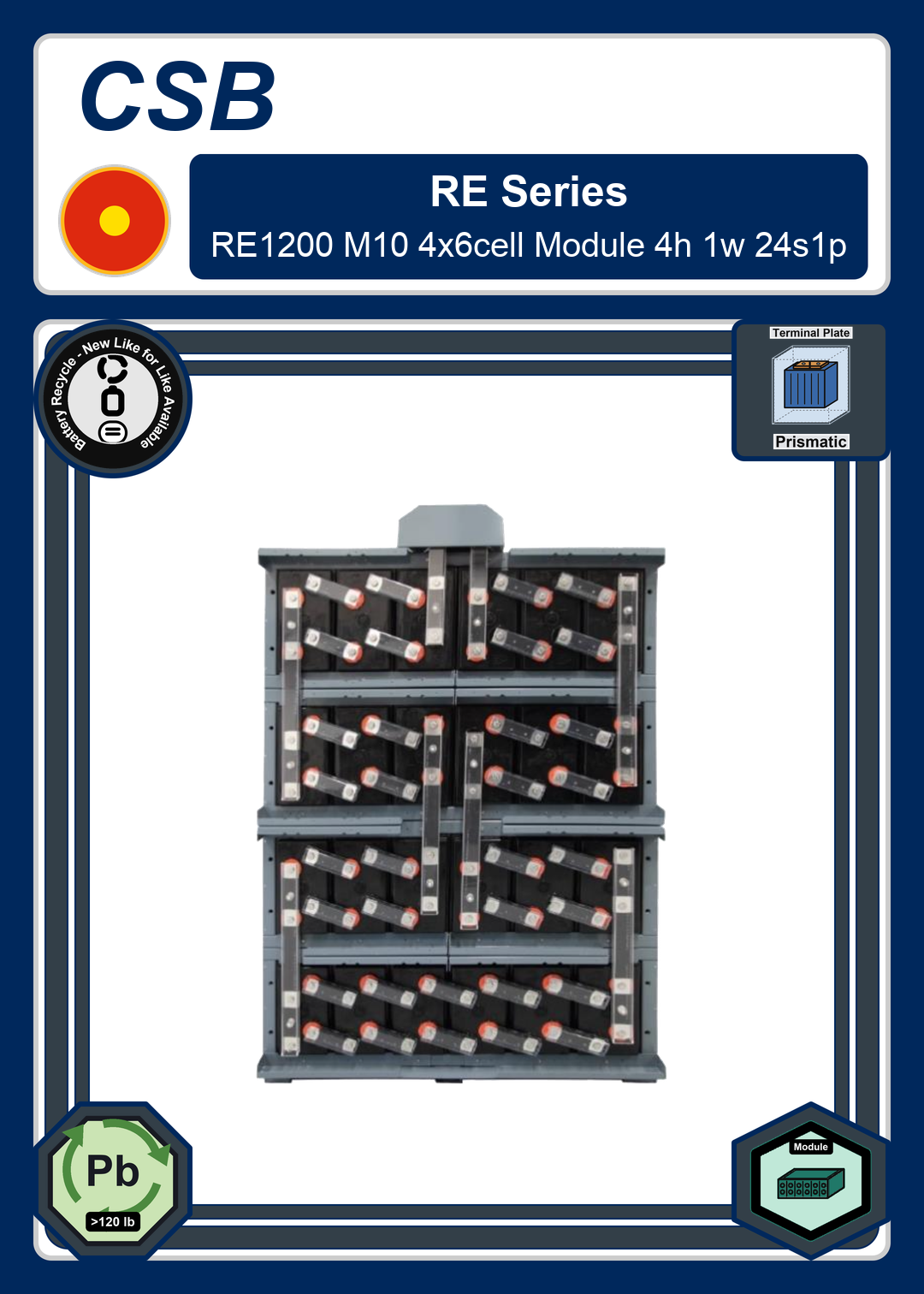 Battery Recycle CSB RE Series RE1200 M10 4x6cell Module 4h 1w 24s1p