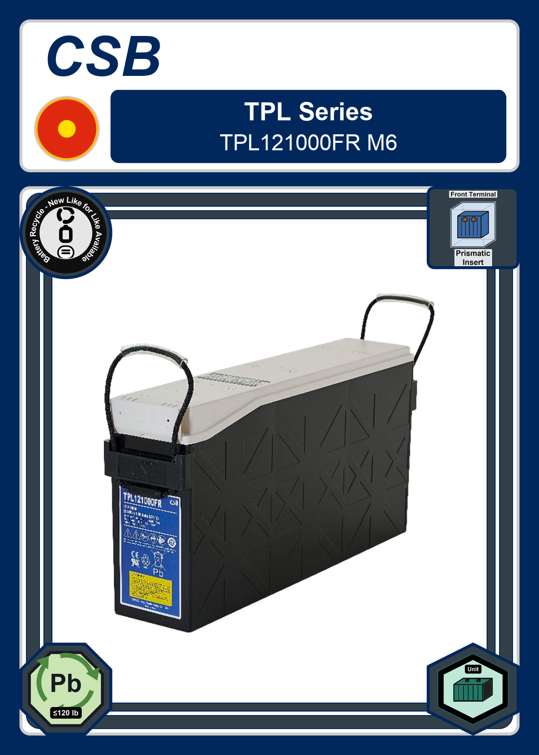 Battery Recycle CSB TPL Series TPL121000FR M6