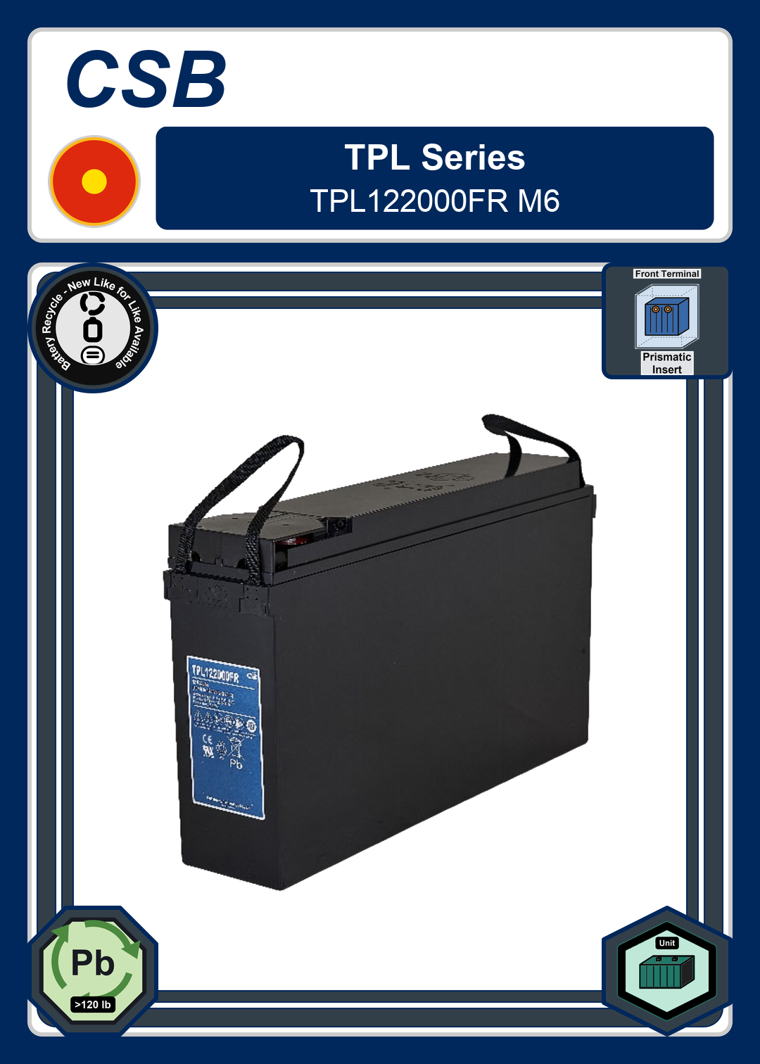 Battery Recycle CSB TPL Series TPL122000FR M6