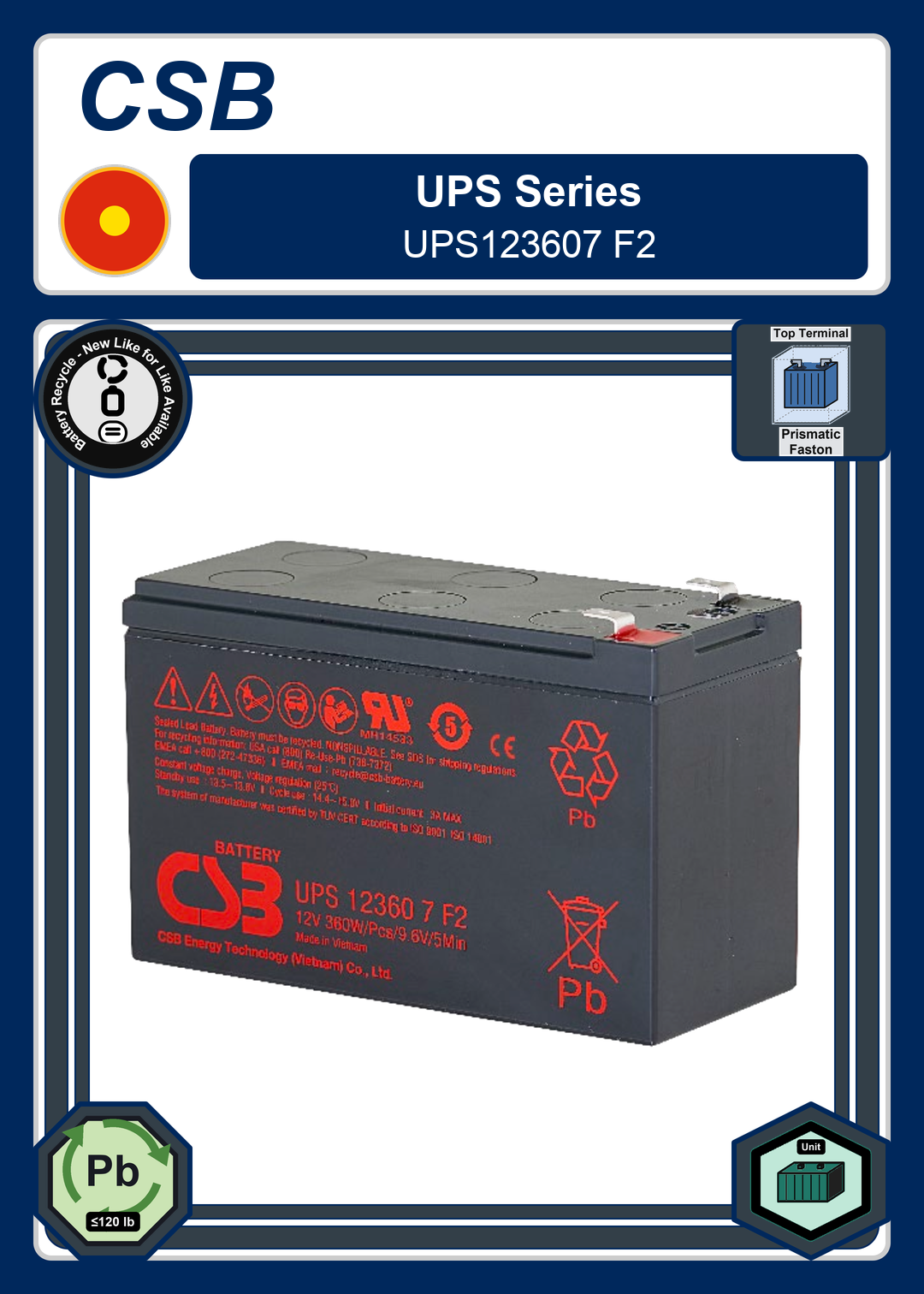 Battery Recycle CSB UPS Series UPS123607 F2