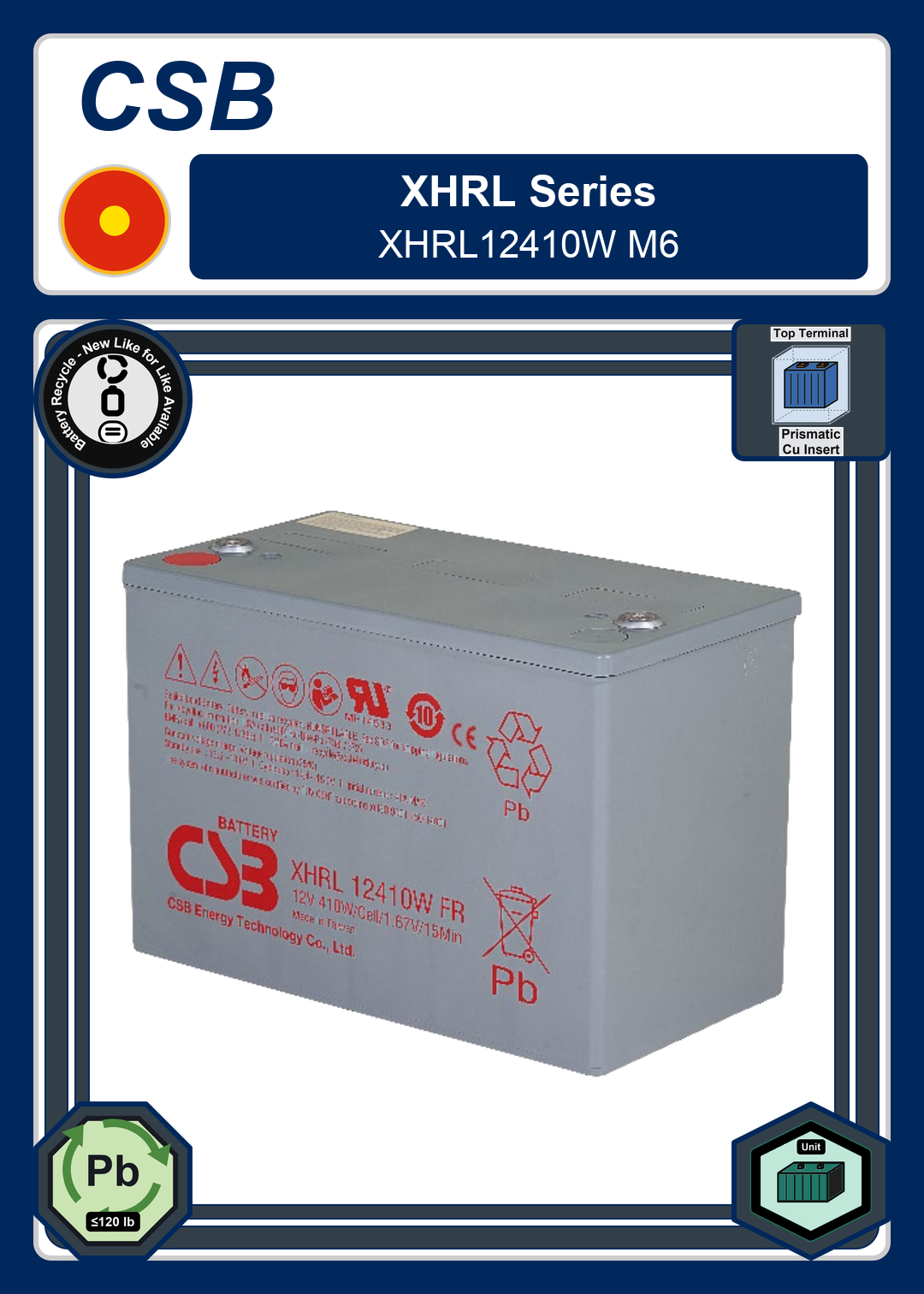 Battery Recycle CSB XHRL Series XHRL12410W M6