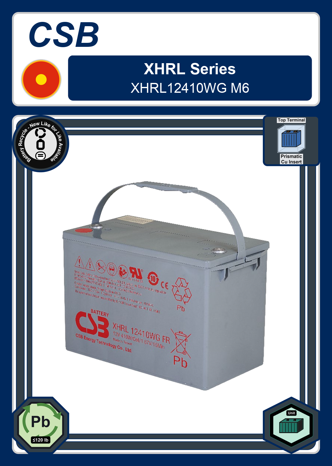 Battery Recycle CSB XHRL Series XHRL12410WG M6