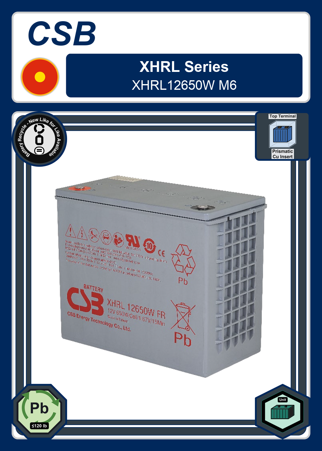 Battery Recycle CSB XHRL Series XHRL12650W M6
