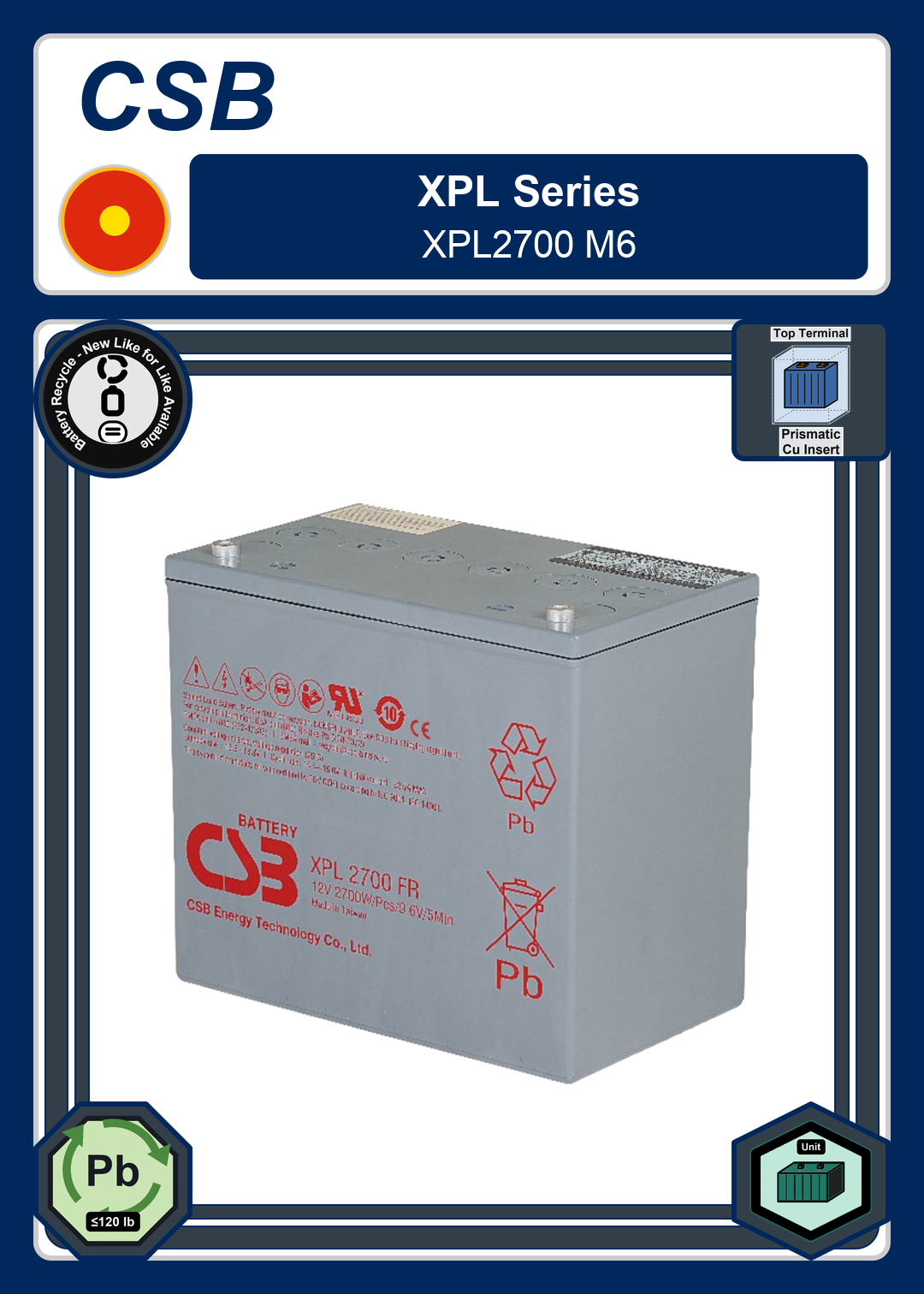 Battery Recycle CSB XPL Series XPL2700 M6