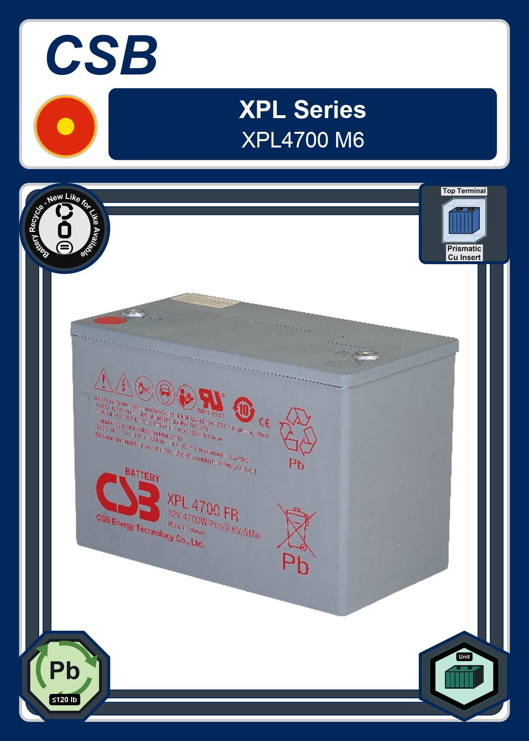 Battery Recycle CSB XPL Series XPL4700 M6