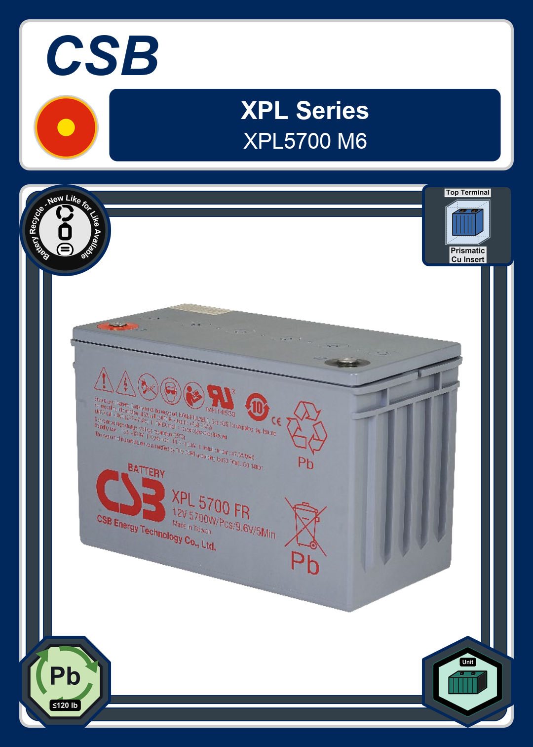 Battery Recycle CSB XPL Series XPL5700 M6