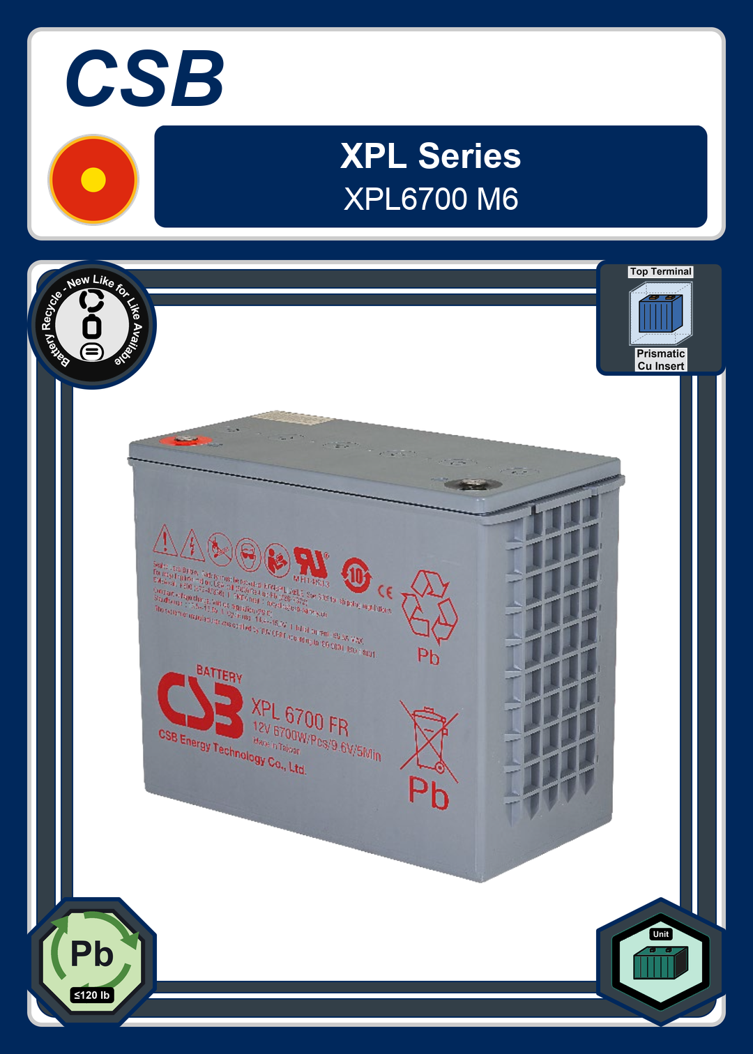 Battery Recycle CSB XPL Series XPL6700 M6
