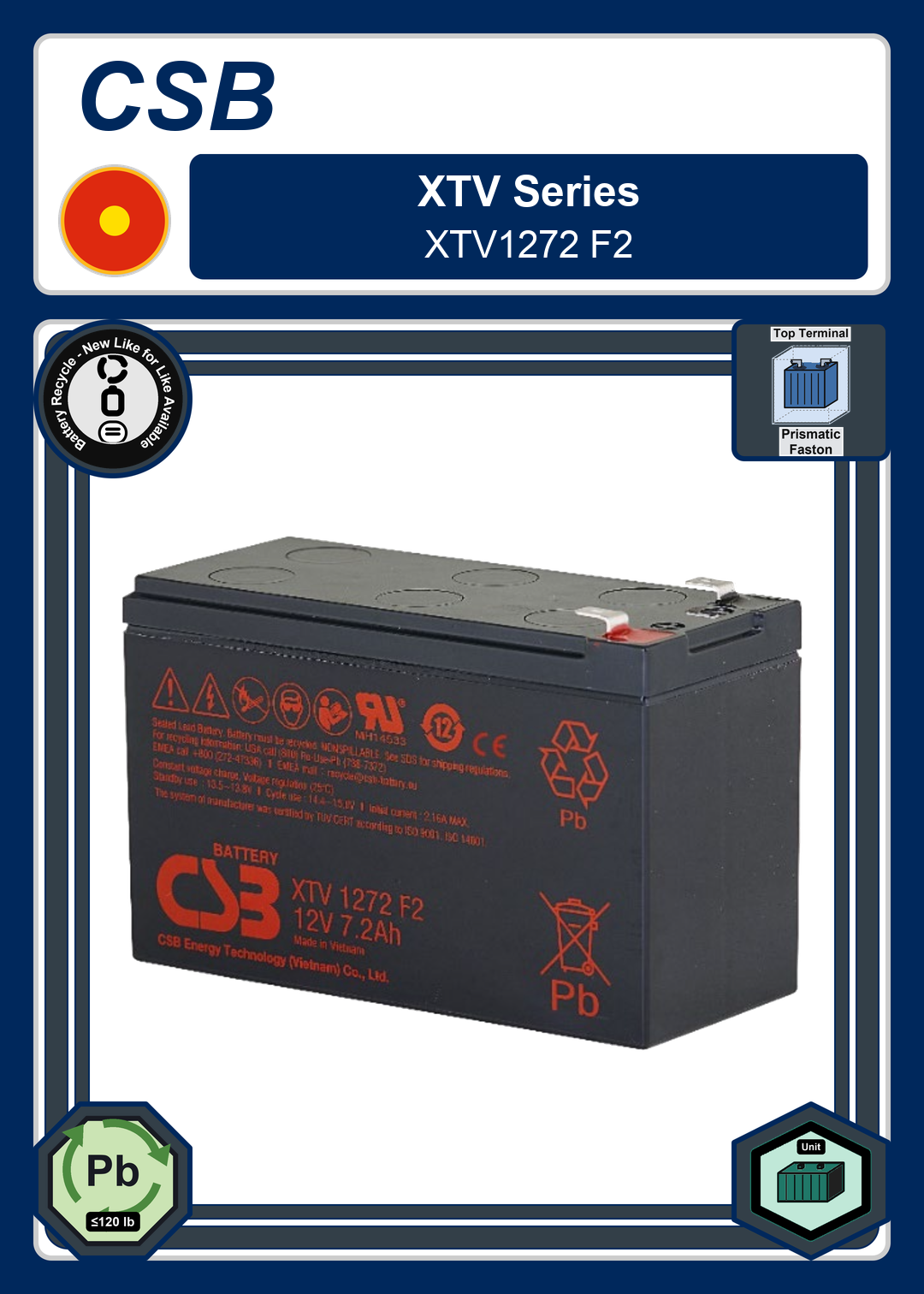 Battery Recycle CSB XTV Series XTV1272 F2