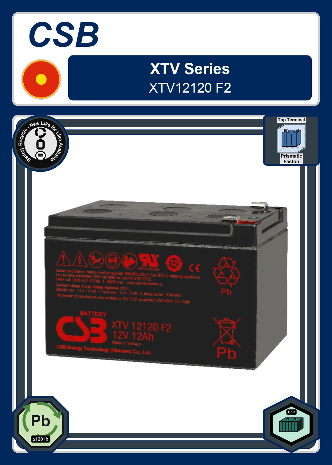 Battery Recycle CSB XTV Series XTV12120 F2