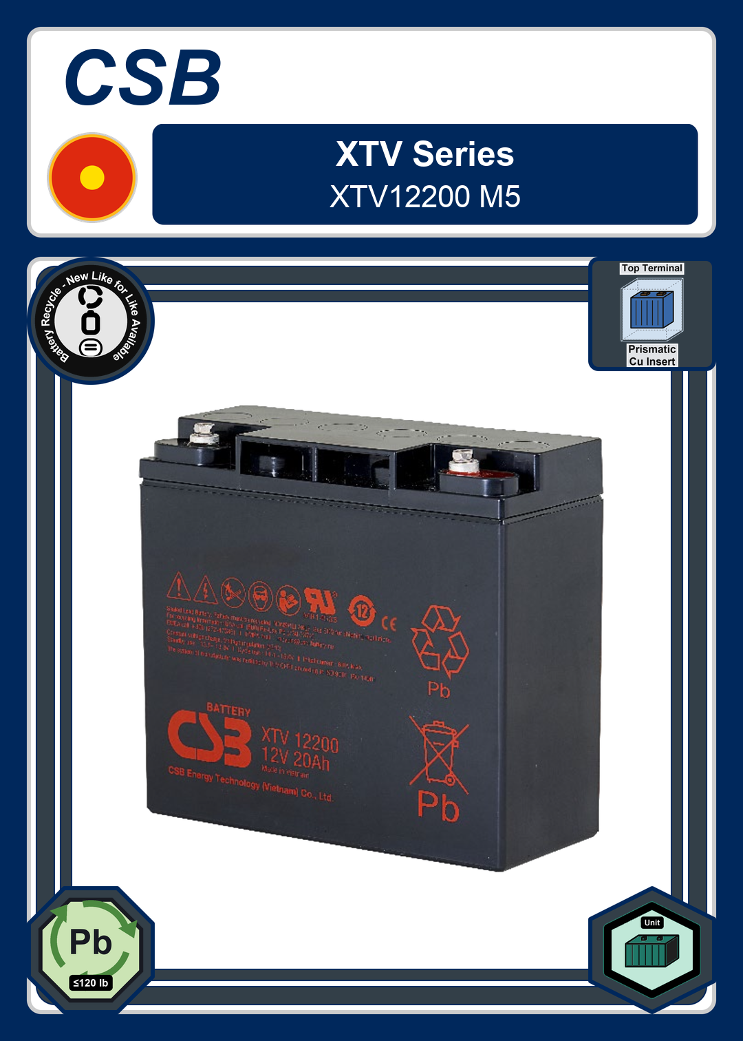 Battery Recycle CSB XTV Series XTV12200 M5