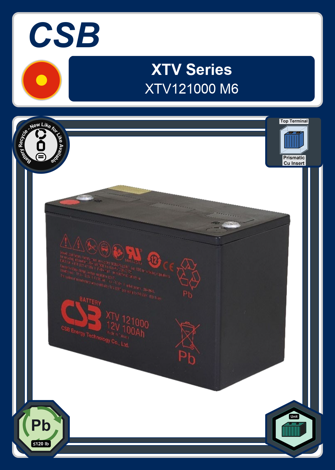 Battery Recycle CSB XTV Series XTV121000 M6