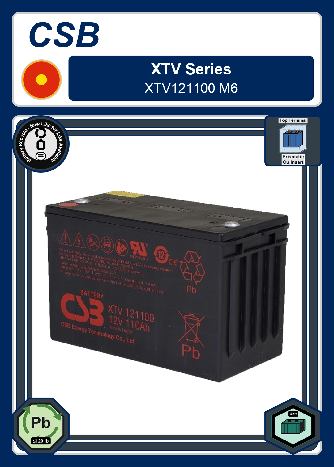 Battery Recycle CSB XTV Series XTV121100 M6