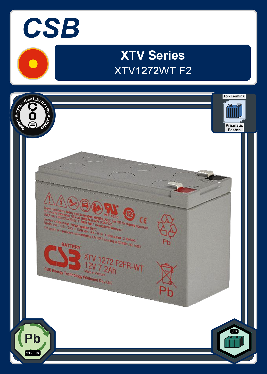 Battery Recycle CSB XTV Series XTV1272WT F2