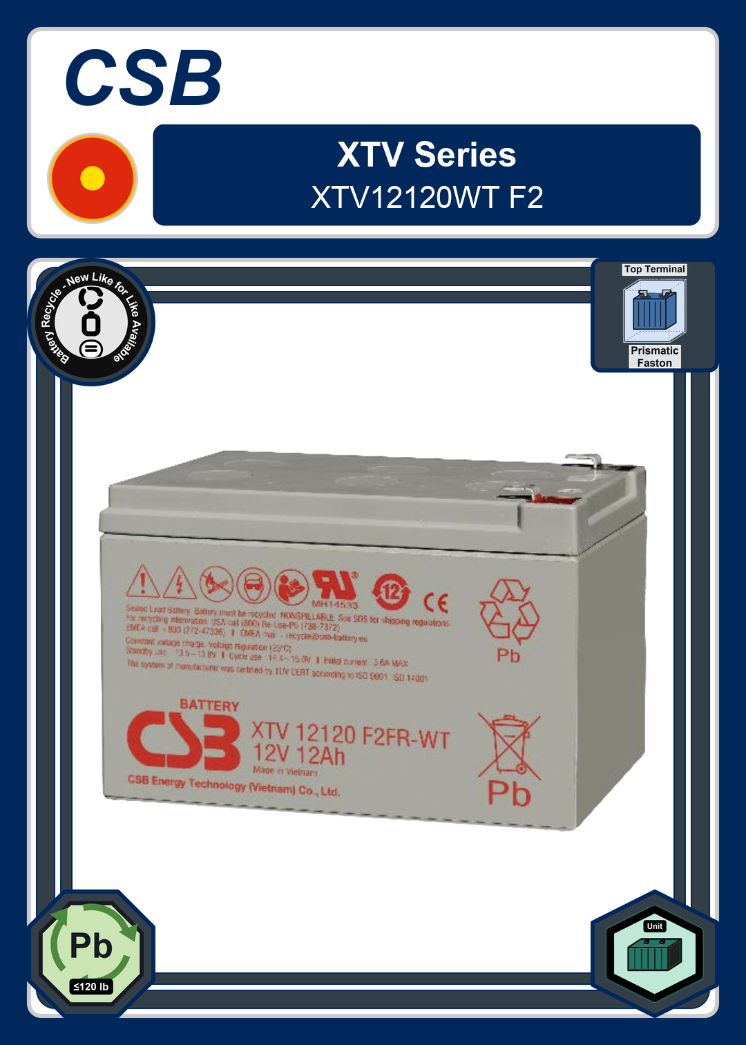 Battery Recycle CSB XTV Series XTV12120WT F2