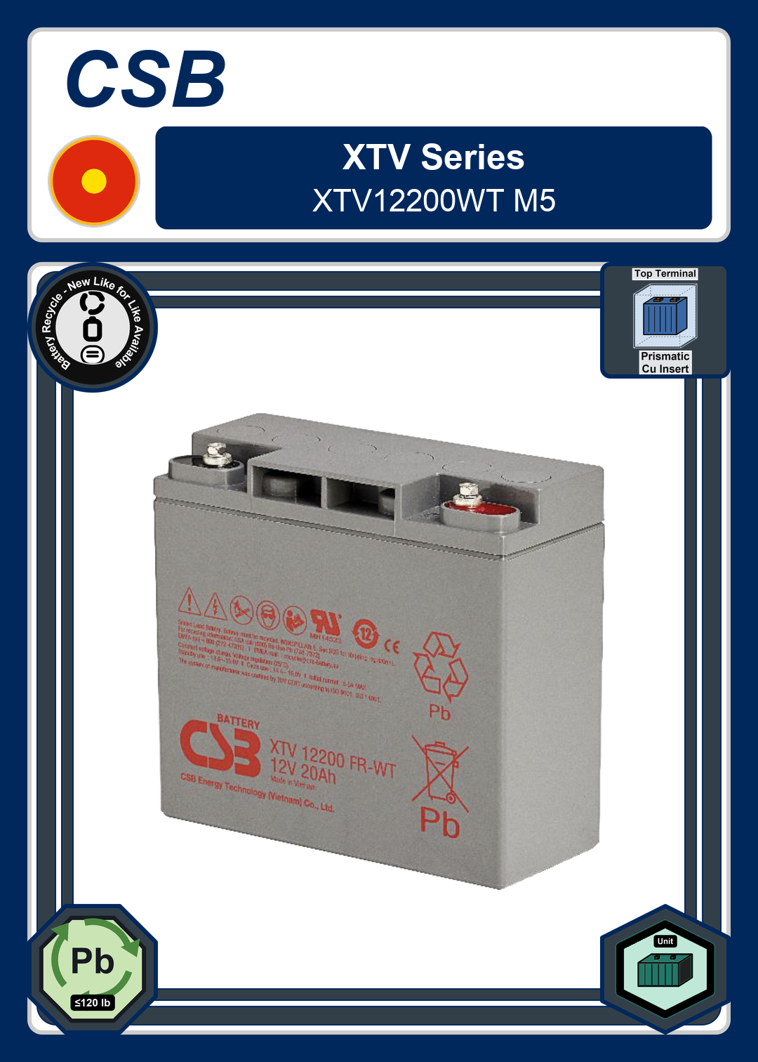 Battery Recycle CSB XTV Series XTV12200WT M5